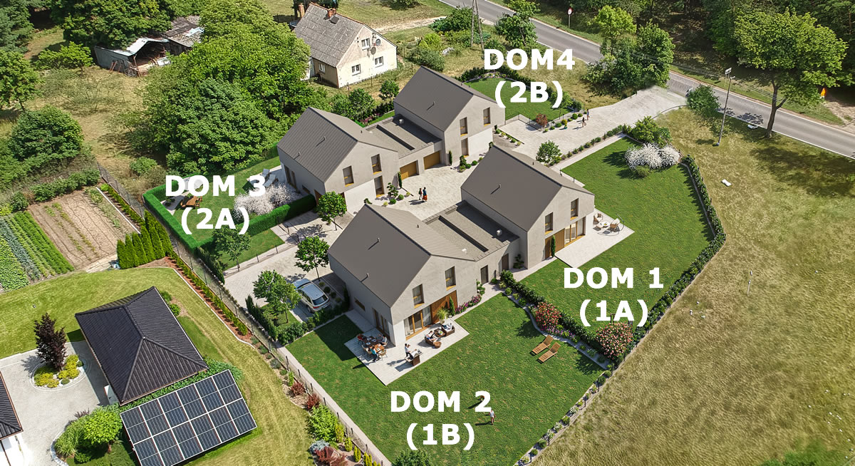Plan osiedla Quartis Park z oznaczeniem domów 1A, 1B, 2A i 2B